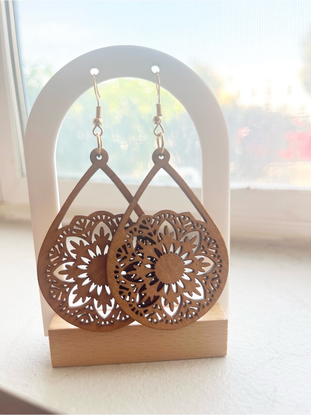 Boho Floral Laser-Cut Wooden Drop Earrings